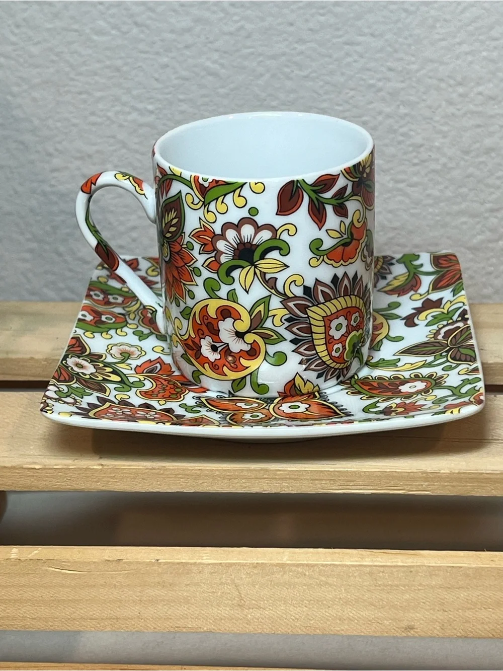 ☀️2/$20 Brightly Colored Floral Demitasse Espresso Cup & Square Saucer Set | EUC